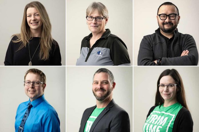 These six Peterborough entrepreneurs overcome pandemic challenges to launch businesses providing in-demand services. Each particpated in Starter Company Plus, an entrepreneurial training program offered locally by the Peterborough & the Kawarthas Economic Development Business Advisory Centre with funding from the Ontario government. Left to right, top and bottom: Desiree Bandi of 1.5 Degrees Composting Solutions, Karen Kearney of K9 in Motion Wellness, Jenish Odigineyev of Odigski Media, Lyle Saunders of Peterborough Disability Tax Services, and Shawn and Jolene Morris of Trim Time. (Photos: Jenish Odigski)