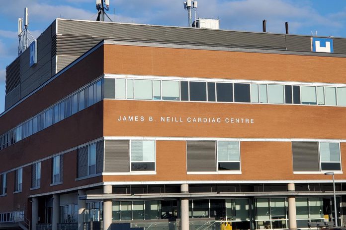 The James B. Neill Cardiac Centre at Peterborough Regional Health Centre (PRHC) is dedicated to philanthropist James "Jim" Neill who, in 2021, donated $5 million to the PHRC Foundation in support of cardiac care. On March 30, 2023, the hospital recognized the largest donation to the foundation in its history by unveiling new signage on the exterior northeast corner of the hospital. (Photo courtesy of PRHC Foundation)