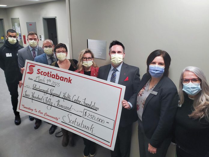 Representatives from Scotiabank joined Peterborough Regional Health Centre (PRHC) Foundation president and CEO Lesley Heighway (second from right) on March 9, 2023 for the dedication of the hospital's new youth eating disorders day treatment program and clinic space, named after Scotiabank in recognition of a $250,000 pledge to fund the essential treatment area for the program. Also pictured from left to right are Scotiabank's senior manager of regional marketing Sunny Sekhon, small business development manager Nolan Frazer, Portage Place branch manager Larry Toupin, Summit Plaza branch manager Charlyne MacDonald, senior vice president Lesly Tayles, district vice president Chris Skinner, and regional director of wealth partnerships Michelle Power. (Photo courtesy of PRHC Foundation)