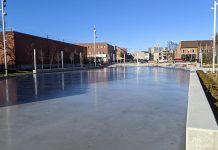 The refrigerated outdoor skating rink at Quaker Foods City Square in downtown Peterborough is available for use in the fall and winter. (Photo: Bruce Head / kawarthaNOW)