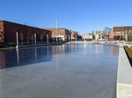 The refrigerated outdoor skating rink at Quaker Foods City Square in downtown Peterborough is available for use in the fall and winter. (Photo: Bruce Head / kawarthaNOW)