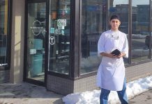 19-year-old Syrian refugee Rashid Sheikh Hassan, pictured outside The Whistle Stop Café in downtown Peterborough where he works, has launched a GoFundMe campaign to raise funds for the Canadian International Medical Relief Organization (CIMRO) to purchase medicine and medical supplies for survivors of the February 6, 2023 earthquake that devastated southern Turkey and northern Syria. The Whistle Stop Café will also be donating all proceeds from poutine sales on March 13, 2023 to CIMRO. (Photo courtesy of Dave McNab)