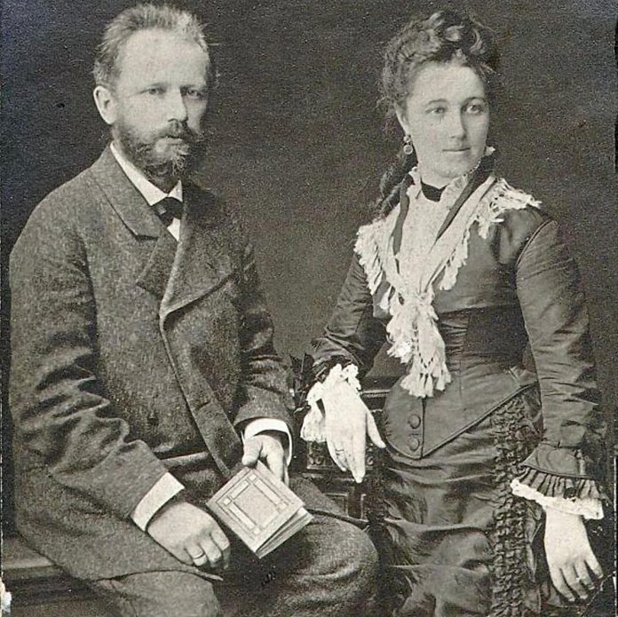 A 37-year-old Tchaikovsky in 1877, two years after he composed "Piano Concerto No. 1", with his bride Antonina Miliukova, a former student. The disastrous marriage ended after only two and a half months. (Public domain photo)