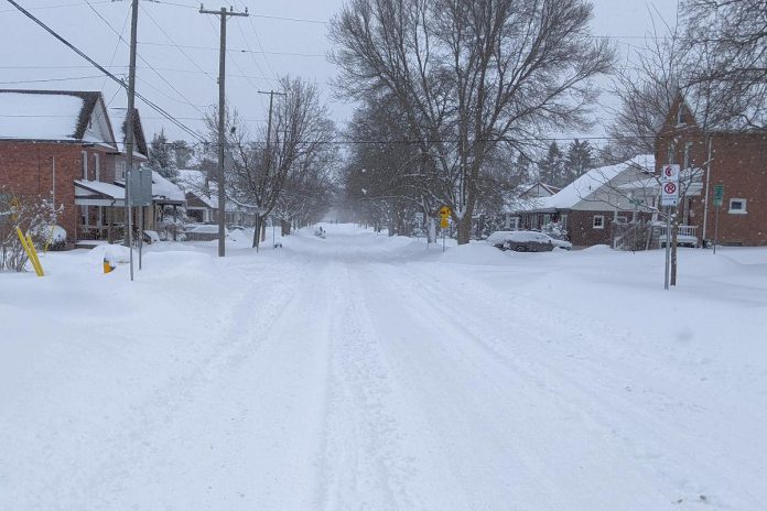 The City of Peterborough declared a 'significant weather event' on March 4, 2023 after an overnight winter storm dumped almost 25 cm of snow on the city. The declaration advises residents that it will take the city longer than usual to clear roads and sidewalks of the snow. (Photo: Bruce Head / kawarthaNOW)