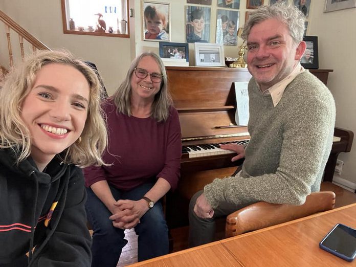  Charlie Glasspool (right) with Evangeline Gentle (left) and Susan Newman during a rehearsal for 3C84, which also includes Jesse Pilgrim, Jose Contreras, Victoria Yeh, who will perform under the stars at Armour Hill on the opening night of Artsweek Peterborough 2023 on Friday, May 5. (Photo: Evangeline Gentle)