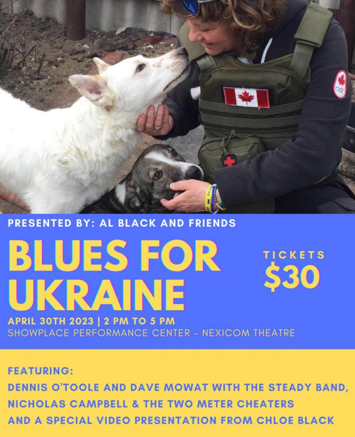 A fundraising concert for relief efforts in Ukraine, Blues for Ukraine takes place on April 30, 2023 at the Nexicom Studio at Showplace Performance Centre in downtown Peterborough. (Poster: Kristal Jones)