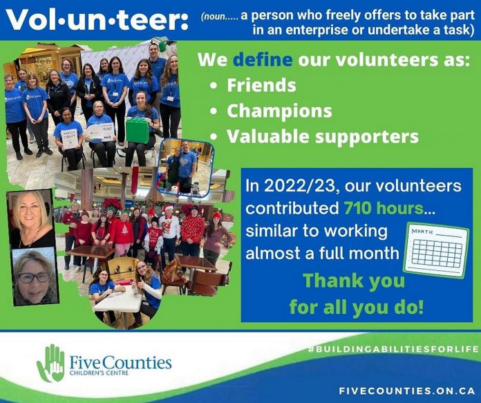 Dozens of volunteers support clinical services and fundraising efforts at Five Counties Children's Centre. Volunteers contributed 710 hours towards fundraising efforts alone, which is equal to working every minute for an entire month. (Graphic courtesy of Five Counties Children's Centre)