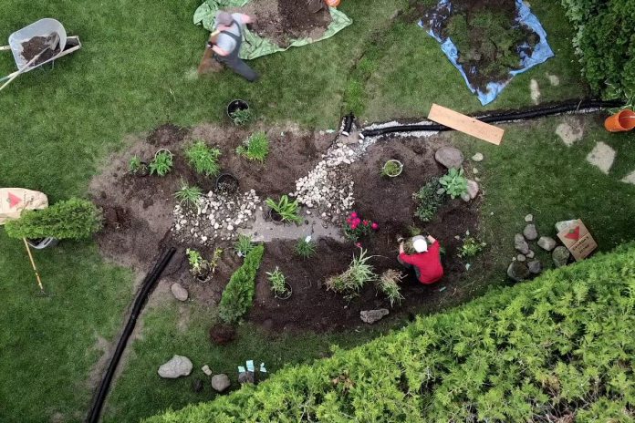 An aerial view of a rain garden under construction, as featured in GreenUP's 'How to Rain Garden' video series. (Photo: Michael Hurcomb)
