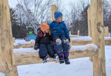 The new naturalized playscape at GreenUP's Ecology Park, which features two climbing features and a puppet theatre constructed of locally sources white cedar logs, is open to everyone in all seasons. (Photo: Clara Blakelock)
