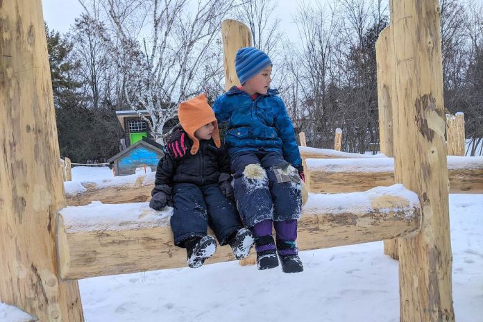 The new naturalized playscape at GreenUP's Ecology Park, which features two climbing features and a puppet theatre constructed of locally sources white cedar logs, is open to everyone in all seasons. (Photo: Clara Blakelock)
