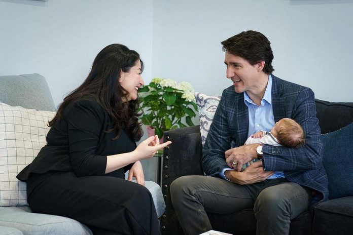 Former Peterborough-Kawartha MP Maryam Monsef chats with Prime Minister Justin Trudeau as he holds her infant son Samad during a visit with Monsef and her husband, former Fredericton Liberal MP Matt DeCourcey, in Peterborough this week. (Photo: Justin Trudeau / Instagram)