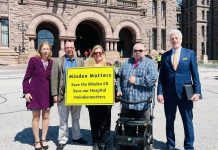 Minden residents Patrick Porzuczek, Laura Porzuczek, and Richard Bradley (middle) with NDP health critic France Gélinas (left) and NDP MPP Spadina-Fort York Chris Glover (right) in front of the Legislature at Queen's Park in Toronto on April 27, 2023, where they delivered a petition requesting a moratorium of the decision to close the Minden emergency department on June 1. (Photo via France Gélinas / Facebook)