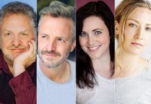 Randy Read, Sergio Di Zio, Megan Murphy, and Jade O'Keefe will perform in a staged reading of Rick Chafe's comedic drama "The Secret Mask" on May 7, 2023 at Market Hall Performing Arts Centre in downtown Peterborough. (kawarthaNOW collage)