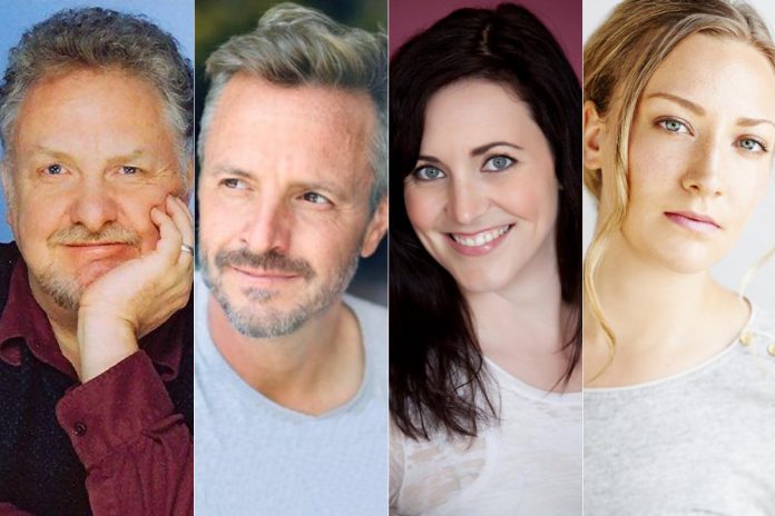 Randy Read, Sergio Di Zio, Megan Murphy, and Jade O'Keefe will perform in a staged reading of Rick Chafe's comedic drama "The Secret Mask" on May 7, 2023 at Market Hall Performing Arts Centre in downtown Peterborough. (kawarthaNOW collage)
