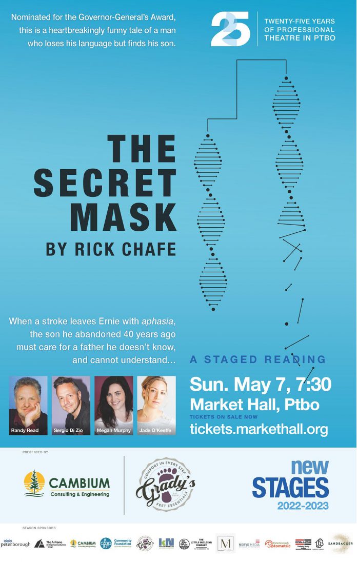 The New Stages staged reading of "The Secret Mask" will be performed on May 7, 2023 at  at Market Hall Performing Arts Centre in downtown Peterborough. (Poster courtesy of New Stages)