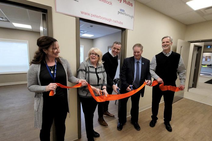 Community Care Peterborough executive director Danielle Belair, Peterborough County warden Bonnie Clark, Peterborough city councillor Matt Crowley, Havelock-Belmont-Methuen Township mayor Jim Martin, and City of Peterborough community development program manager Chris Kawalec cut the ribbon to officially open the Havelock Health and Community Services Hub on April 4, 2023. The hub is located in the Peterborough Housing Corporation building on Smith Drive, right next to the Community Care Peterborough service office in Havelock. (Photo: Community Care Havelock)