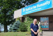 Former Habitat for Humanity Peterborough & Kawartha Region CEO Sarah Burke outside the organization's offices at 300 Milroy Drive in Peterborough in 2019, the same year the organization received a $3,000 grant from the Peterborough Foundation to install a ramp to make its offices more accessible. (Photo: April Potter / kawarthaNOW.com)