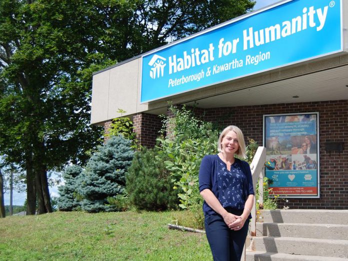 Former Habitat for Humanity Peterborough & Kawartha Region CEO Sarah Burke outside the organization's offices at 300 Milroy Drive in Peterborough in 2019, the same year the organization received a $3,000 grant from the Peterborough Foundation to install a ramp to make its offices more accessible. (Photo: April Potter / kawarthaNOW.com)