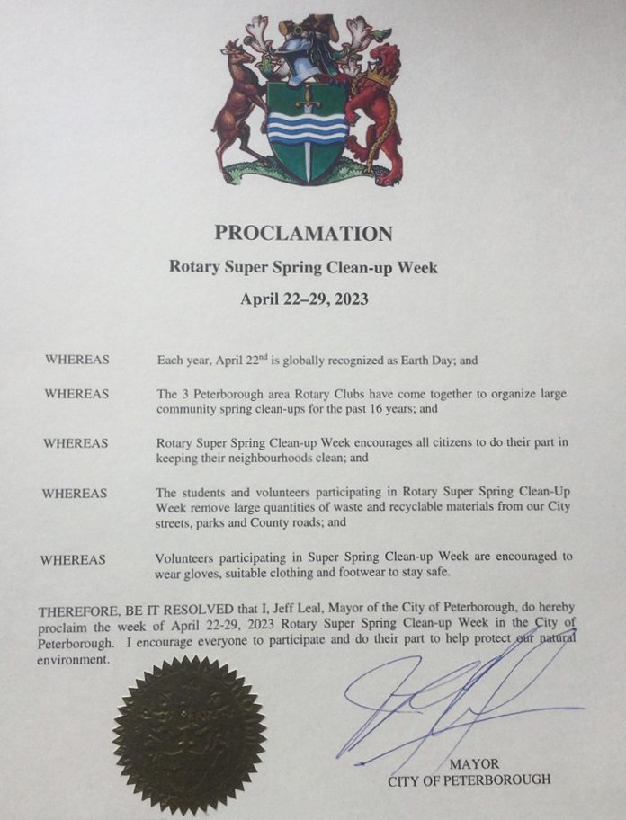 Peterborough mayor Jeff Leal has proclaimed the week of April 22 to 29, 2023 at Rotary Super Spring Cleanup Week. (Photo: Günther Schubert)