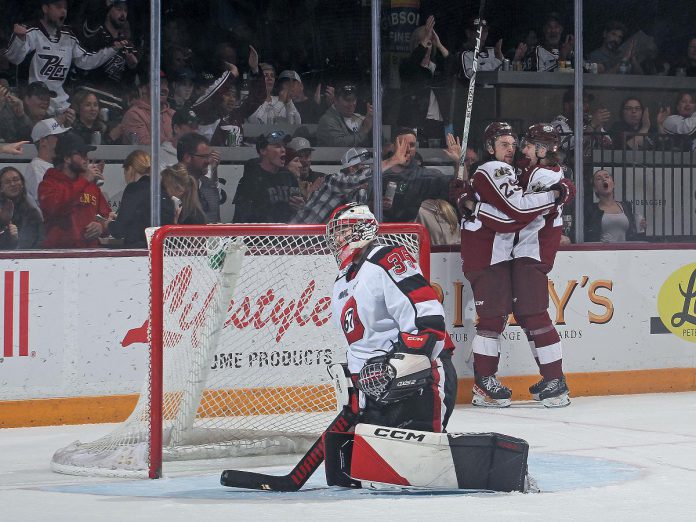 The Peterborough Petes defeated the Ottawa 67's 5-4 on April 24, 2023 to take the best-of-seven semi-final series 4-2 and advance to the Eastern Conference championship for the first time since the 2016-17 season. (Photo: Kenneth Andersen Photography)