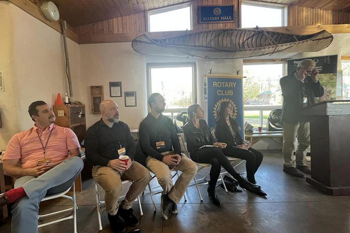 Rotarian Graham Wilkins, who is leading the Rotary Environmentalist Innovators Fund initiative, prepares to speak as the five winners of the inaugural Rotary Environmental Innovators Award look on during an event on April 27, 2023 at Camp Kawartha in Douro-Dummer. (Photo: Community Futures Peterborough / Facebook)
