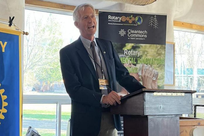 Rotarian Graham Wilkins, who is leading the Rotary Environmentalist Innovators Fund initiative, speaks at the inaugural Rotary Environmental Innovators Award event on April 27, 2023 at Camp Kawartha in Douro-Dummer. (Photo: Community Futures Peterborough / Facebook)