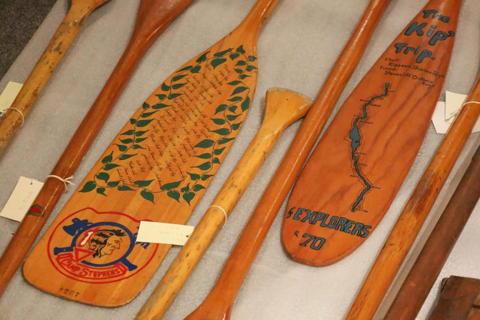 Along with over 600 watercraft and an entire artifact archive and library, more than 500 paddles need to be prepared for The Canadian Canoe Museum's move to its new home currently under construction at the water's edge on Little Lake in the heart of Peterborough. (Photo courtesy of The Canadian Canoe Museum)