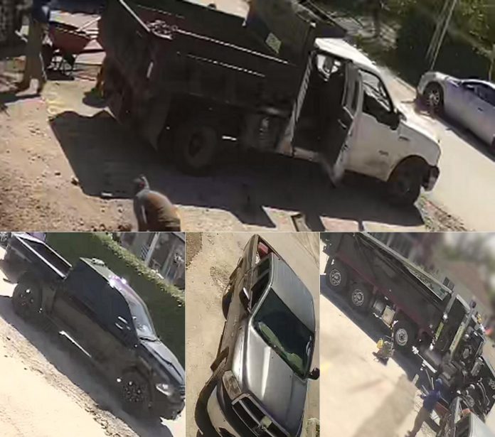 Suspect vehicles include an older white Ford work truck (top), a newer black Ram pickup truck with a light bar (bottom left), an older grey Ram pickup truck (bottom middle), and a dump truck with red along the bottom of the dump bin. (Police-supplied photos)