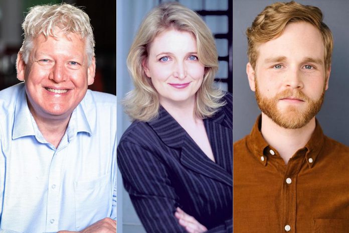 James Barrett, Anna Silvija Broks, and Ryan Sheedy perform in Norm Foster's "Mending Fences", which runs for 11 performances from May 10 to 20, 2023 at the Lakeview Arts Barn in Bobcaygeon. (kawarthaNOW collage of supplied photos)