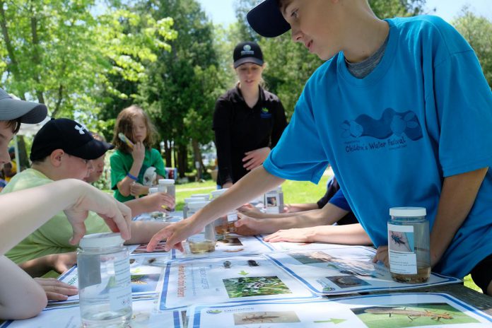 During the first day of the annual Peterborough Children's Water Festival on May 30, 2023, Candace Clark from Otonabee Conservation showed students how they can monitor water quality by observing and counting the types of critters and bugs that live in the water.  (Photo: Lili Paradi / GreenUP)