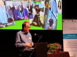 Peterborough Mayor Jeff Leal speaks to members of Green Economy Peterborough and guests at the second annual Leadership in Sustainability Awards event on May 4, 2023 at Market Hall Performing Arts Centre in downtown Peterborough to recognize local businesses for their contribution towards a greener community. Award winners included Lake Edge Cottages, Peterborough Golf & Country Club, Wild Rock Outfitters, Jigsaw Organizing Solutions, Green Street, and Charlotte Products, with a special recognition of Woodleigh Farms. (Photo: Lili Paradi / GreenUP