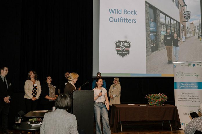 Wild Rock Outfitters receives their "Leading with Ambition" award at the second annual Leadership in Sustainability Awards event on May 4, 2023 at Market Hall Performing Arts Centre in downtown Peterborough. (Photo: Heather Doughty Photography)