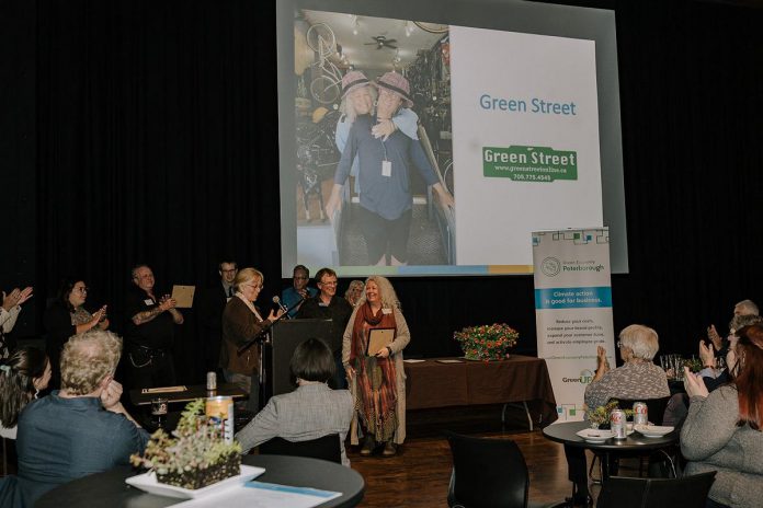 Green Street receives their "Leading Outside the Box" award at the second annual Leadership in Sustainability Awards event on May 4, 2023 at Market Hall Performing Arts Centre in downtown Peterborough. (Photo: Heather Doughty Photography)