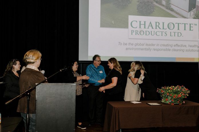 Charlotte Products receives their "Rookie of the Year" award at the second annual Leadership in Sustainability Awards event on May 4, 2023 at Market Hall Performing Arts Centre in downtown Peterborough. (Photo: Heather Doughty Photography)