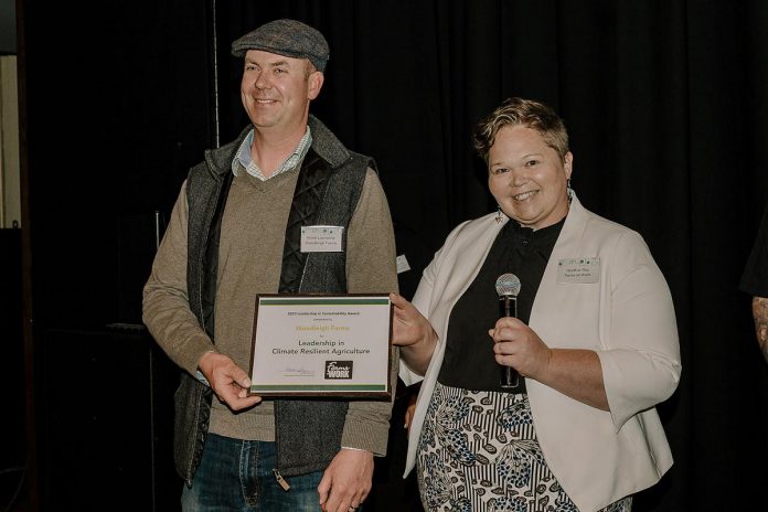 Woodleigh Farms receives their "Leadership in Climate Resilient Agriculture" award from Farms at Work at the second annual Leadership in Sustainability Awards event on May 4, 2023 at Market Hall Performing Arts Centre in downtown Peterborough. (Photo: Heather Doughty Photography) 
