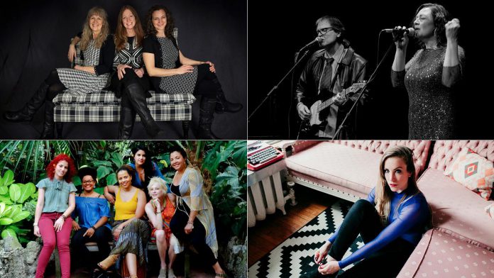 The 2023 Haliburton Forest Festival, called "Women of The Forest", features a series of four monthly concerts from May to August at the Logging Museum at Haliburton Forest and Wild Life Reserve in the Haliburton Highlands. Headliners include (left to right, top and bottom): Boreal (with opener Sue Shikaze and Myrna McBrien) on May 20, The Salt Cellars (with opener Rose Randall) on June 24, Jane Bunnett and Maqueque (with opener Carling Stephen and Rob Phillips) on July 21, and Jenie Thai (with opener Sandra Bouza) on August 25. (kawarthaNOW collage of artist-supplied photos)