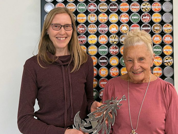 Kawartha Lakes Food Source volunteer Joanne Sutherland (left) receiving the Barbara Truax Volunteer Award from Barbara Truax, one of the not-for-profit charitable organization's longest-serving volunteers. (Supplied photo)