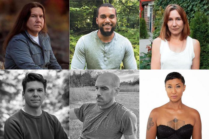 The Canadian authors appearing at the Lakefield Literary Festival on July 14 and 15, 2023 include (left to right, top and bottom): Waubgeshig Rice, Kai Thomas, Sheila Heti, Harley Rustad, Iain Reid, and Catherine Hernandez. (kawarthaNOW collage of photos courtesy of Lakefield Literary Festival)