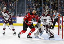 The Peterborough Petes handed the top-seed Quebec Remparts their first loss in the Memorial Cup with a 4-2 win on May 30, 2023 at at the Sandman Centre in Kamloops, B.C. (Photo: Jessica Van Staalduinen)