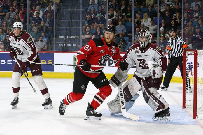 The Peterborough Petes handed the top-seed Quebec Remparts their first loss in the Memorial Cup with a 4-2 win on May 30, 2023 at at the Sandman Centre in Kamloops, B.C. (Photo: Jessica Van Staalduinen)