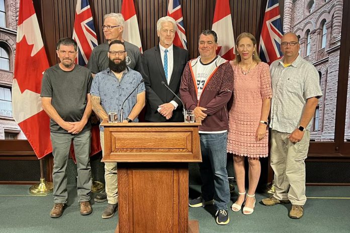 A number of business owners from Minden joined NDP MPP Chris Glover (Spadina-Fort York) at the Queen's Park Media Studio in Toronto on May 30, 2023, for a media conference where they expressed their concerns about the closure of Minden's emergency department on June 1 and the economic impact the closure could have on their businesses. (Photo: Patrick Porzuczek / Save Minden Ontario Emergency Room Facebook group)