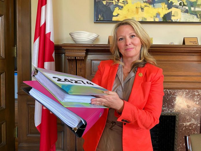 NDP leader Marit Stiles tabled petitions with more than 24,000 signatures objecting to the June 1st closure of Minden's emergency department. (Photo: Marit Stiles / Twitter)