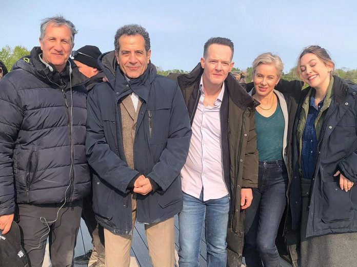 Some of the production crew and cast of "Mr. Monk's Last Case: A Monk Movie", including Tony Shalhoub (second from left), Jason Gray-Stanford (third from left), and Traylor Howard (second from right) on Doube's Trestle Bridge between Peterborough and Omemee on the chilly morning of May 17, 2023. (Photo: Jason Gray-Stanford / Instagram)