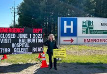 Ontario NDP leader Marit Stiles visited Minden on May 25, 2023 to meet with local residents about the impending closure of the town's emergency department. As of June 1, Minden residents and visitors requiring emergency services will have to travel 25 kilometres to Haliburton. (Photo: Marit Stiles / Twitter)