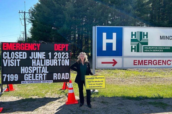 Ontario NDP leader Marit Stiles visited Minden on May 25, 2023 to meet with local residents about the impending closure of the town's emergency department. As of June 1, Minden residents and visitors requiring emergency services have to make a 25-minute drive to Haliburton. (Photo: Marit Stiles / Twitter)
