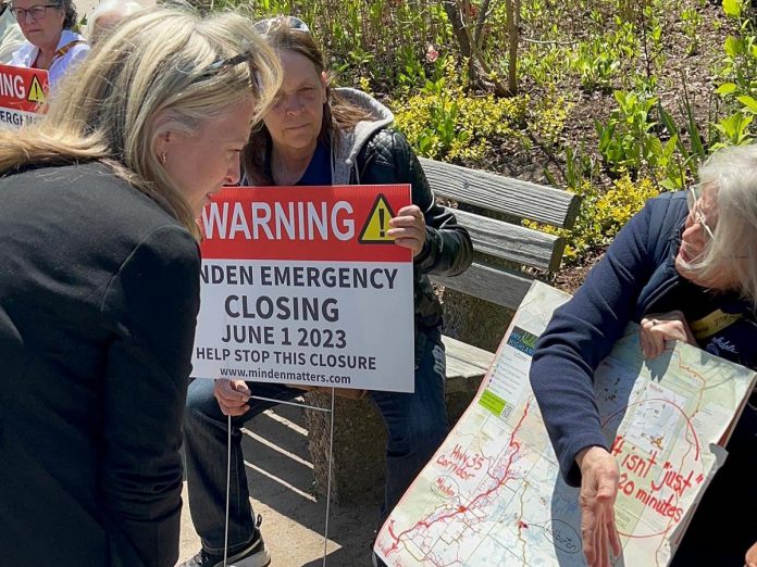 During a visit to Minden on May 25, 2023, Ontario NDP leader Marit Stiles (left) met with residents concerned about the scheduled closure of the town's emergency department on June 1. (Photo: Marit Stiles / Twitter)