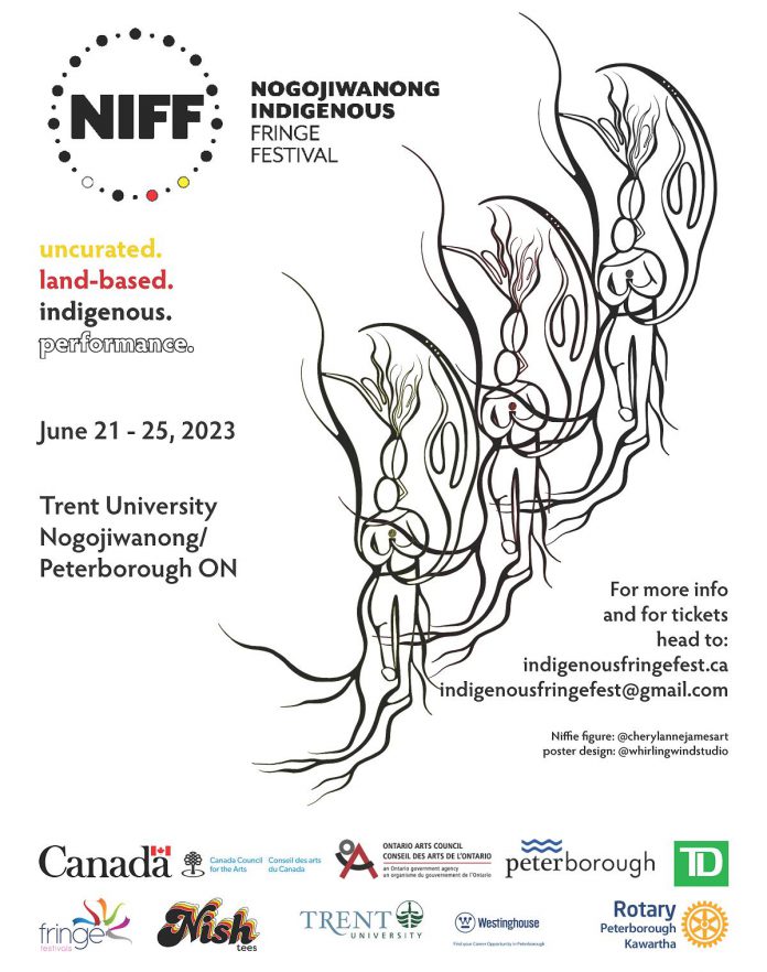The third annual Nogojiwanong Indigenous Fringe Festival running from June 21 to 25, 2023 on the East Bank of Trent University in Peterborough, with  all indoor performances at Nozhem First Peoples' Performance Space. (Poster courtesy of NIFF)