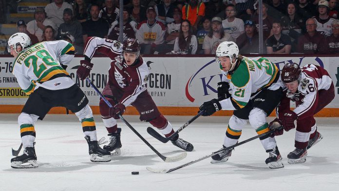 The Peterborough Petes defeated the London Knights in overtime during game three at the Peterborough Memorial Centre on May 15, 2023 to take a 2-1 lead in the best-of-seven OHL championship series. (Photo: Kenneth Anderson Photography)