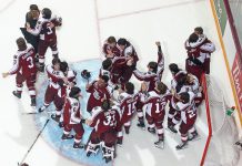 The Peterborough Petes celebrate after winning the OHL championship and the J. Roberston Cup for the 10th time in the team's history on May 21, 2023. The team is heading to the Memorial Cup for the first time in 17 years, with game one the Western Hockey League champion Seattle Thunderbirds on May 27. (Photo courtesy of the Peterborough Petes)