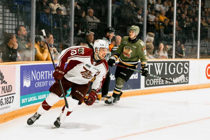 Selwyn native J.R. Avon scored the game-winning goal when the Peterborough Petes defeated the North Bay Battalion 3-2 on May 8, 2023 at to take the Eastern Conference championship in seven games. (Photo: David Pickering)